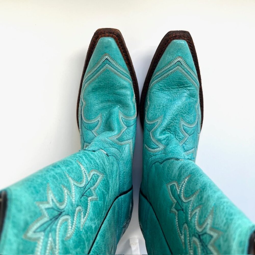 Corral Hand-crafted Embroidered Leather Cowboy Boots in Teal | Women's Size 6 - Picture 2 of 10